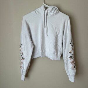 Hollister White Cropped Long Sleeve Floral Pink Pullover Hoodie Size Small